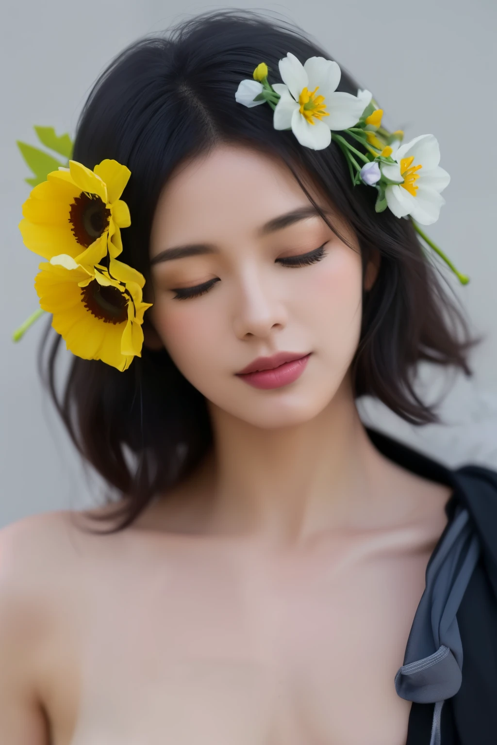 best quality,masterpiece,Ultra high detail,A handsome muscular man,Short black hair,topless,(Flowers on the shoulder),(With flowers in his black micro thong, flowers covered around his head, eyes are closed, covered, eyes are blindfolded with black cloth, realistic,Grey background, flowers on his head,Yellow, violet and white flowers,
