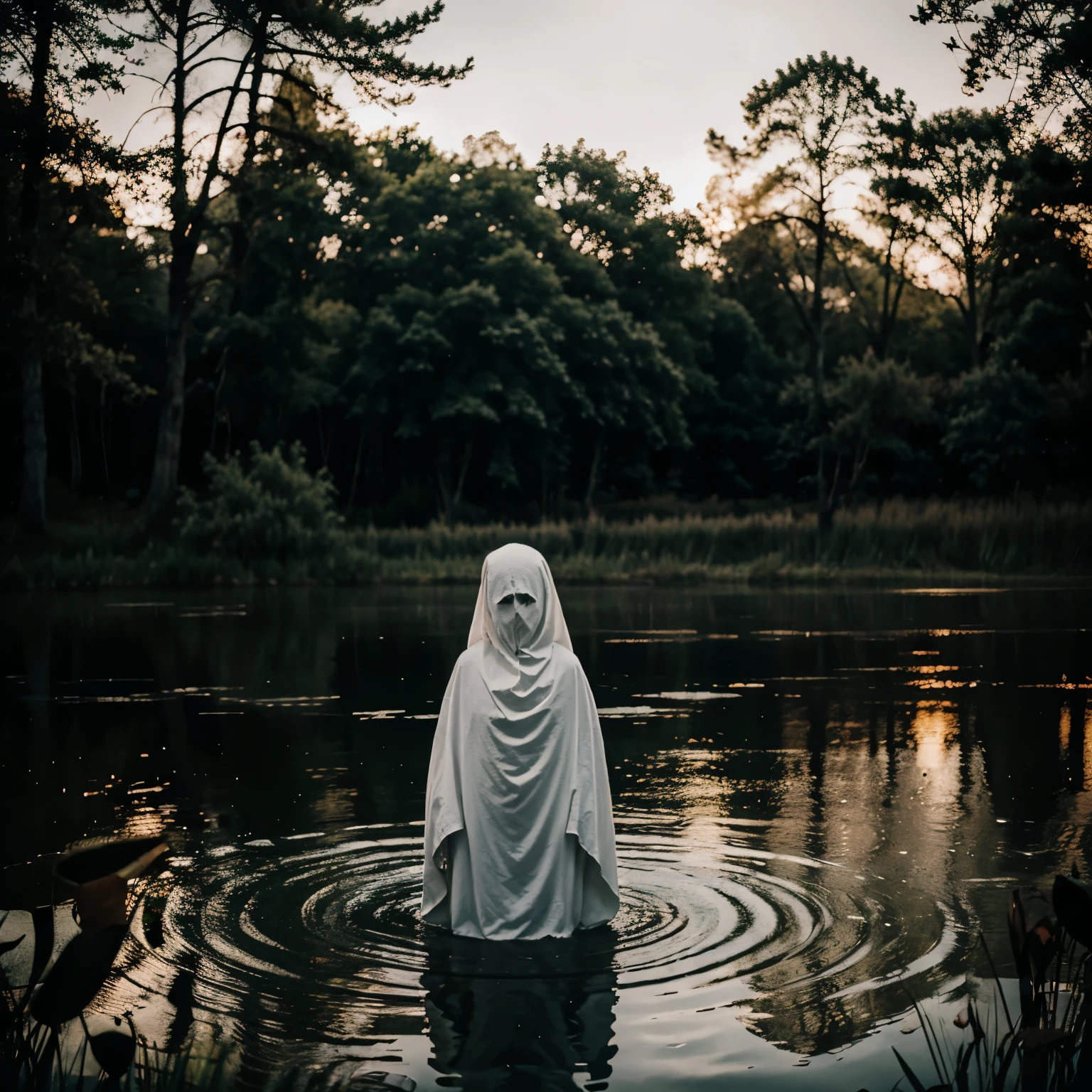 Ghost come with death look in the devil place and front of magical pond with horror effect 