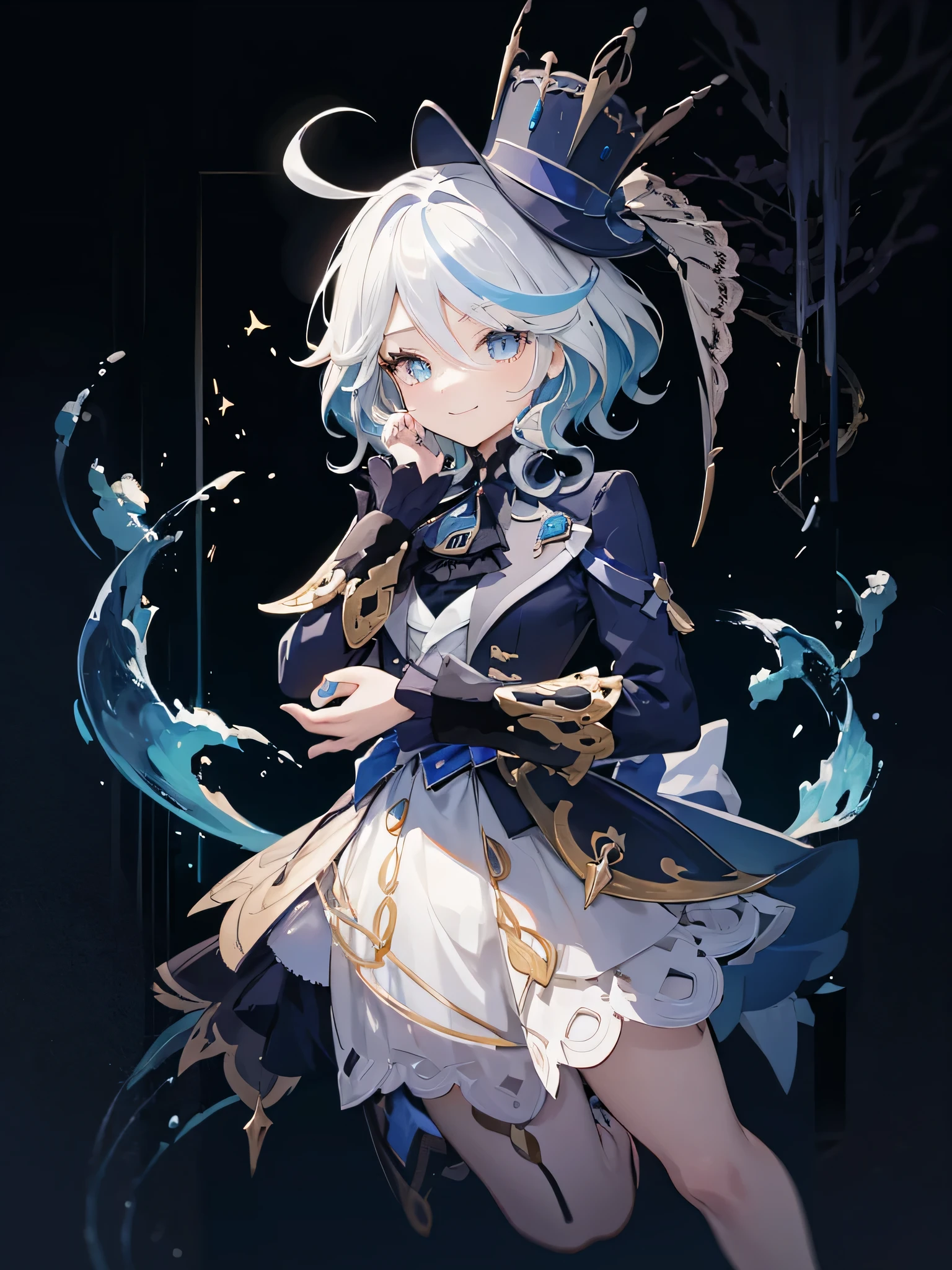 one girl, very cute girl, light smile, game illustration, furina, white hair, highlighted hair, blue hair, blue eyes, top hat, jump, hand-drawn illustrations, jewelry up, don't show your fingers.