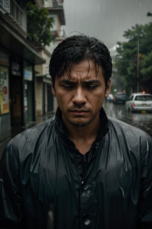 A man with sorrow face waking alone in the rain