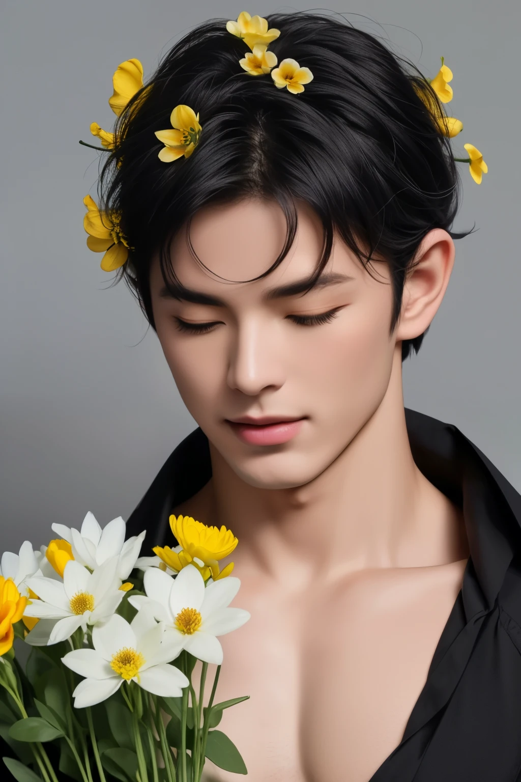best quality,masterpiece,Ultra high detail,A handsome muscular Chinese man,Short black hair,topless,(Flowers on the shoulder),(With flowers in his black micro thong),realistic,Grey background,Yellow and white flowers, flowers on his head