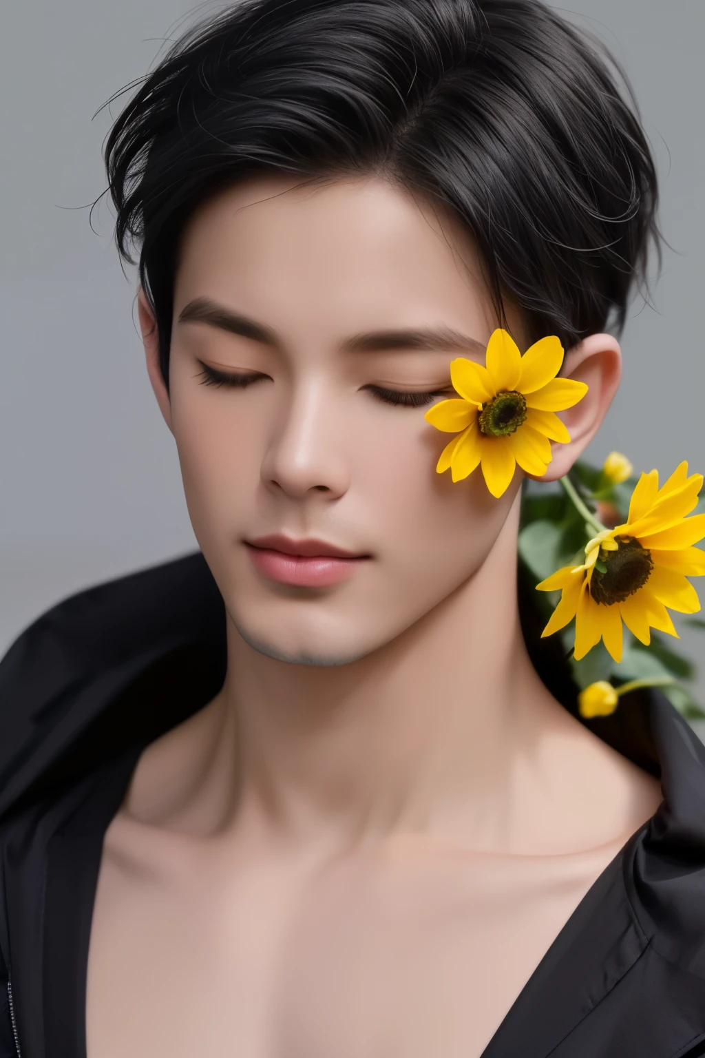 best quality,masterpiece,Ultra high detail,A handsome muscular man,Short black hair,topless,(Flowers on the shoulder),(With flowers in his black micro thong, flowers covered around his head, eyes are closed, covered, eyes are blindfolded with black cloth, realistic,Grey background, flowers on his head,Yellow, violet and white flowers,