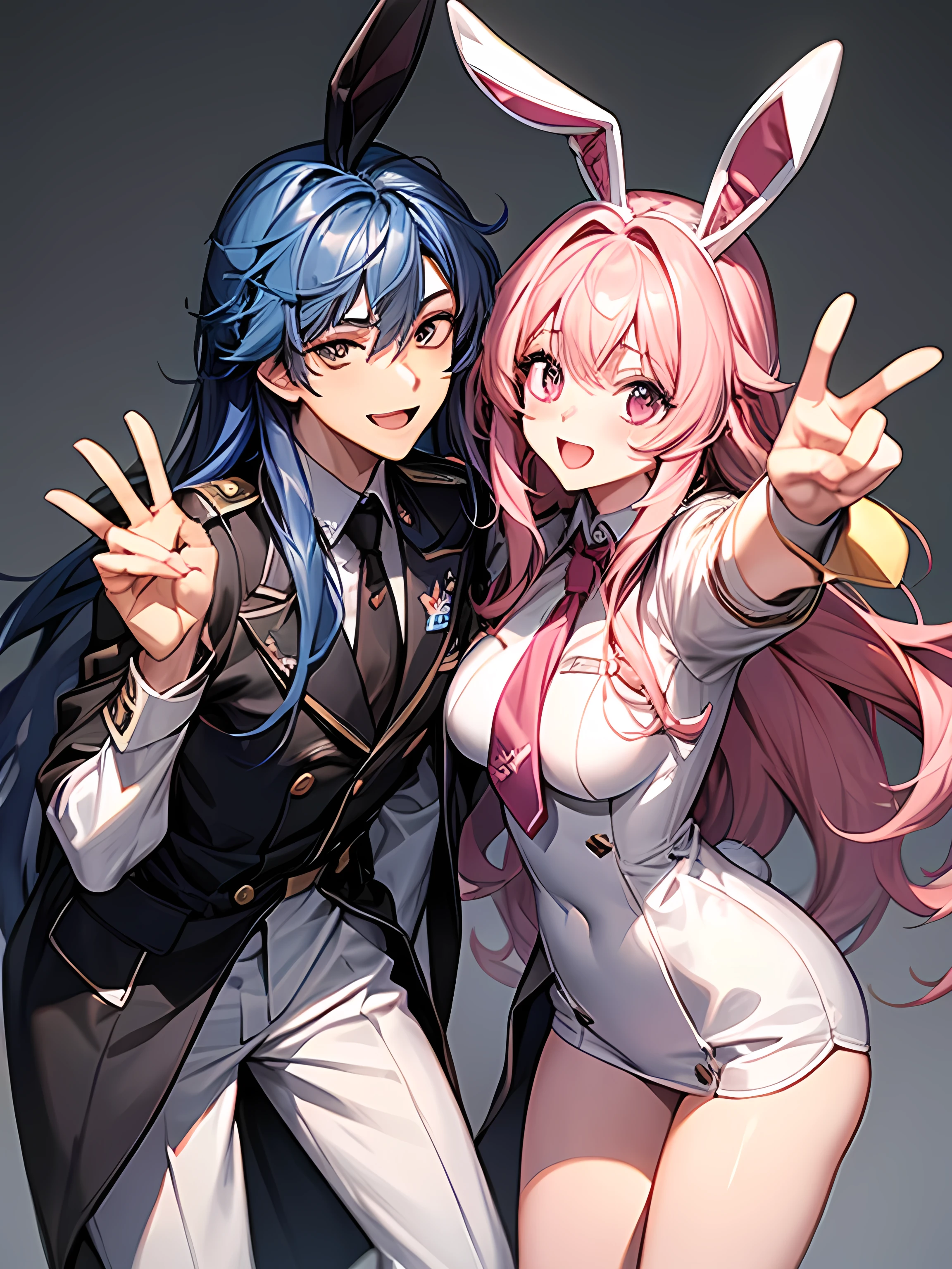 A friendly duo,making a peace sign,The first one is a handsome boy with long, curly blue hair.,The second person is a cute, beautiful girl with long pink hair and bunny ears.,Both are 18 years old,Wearing a uniform,student,Background white