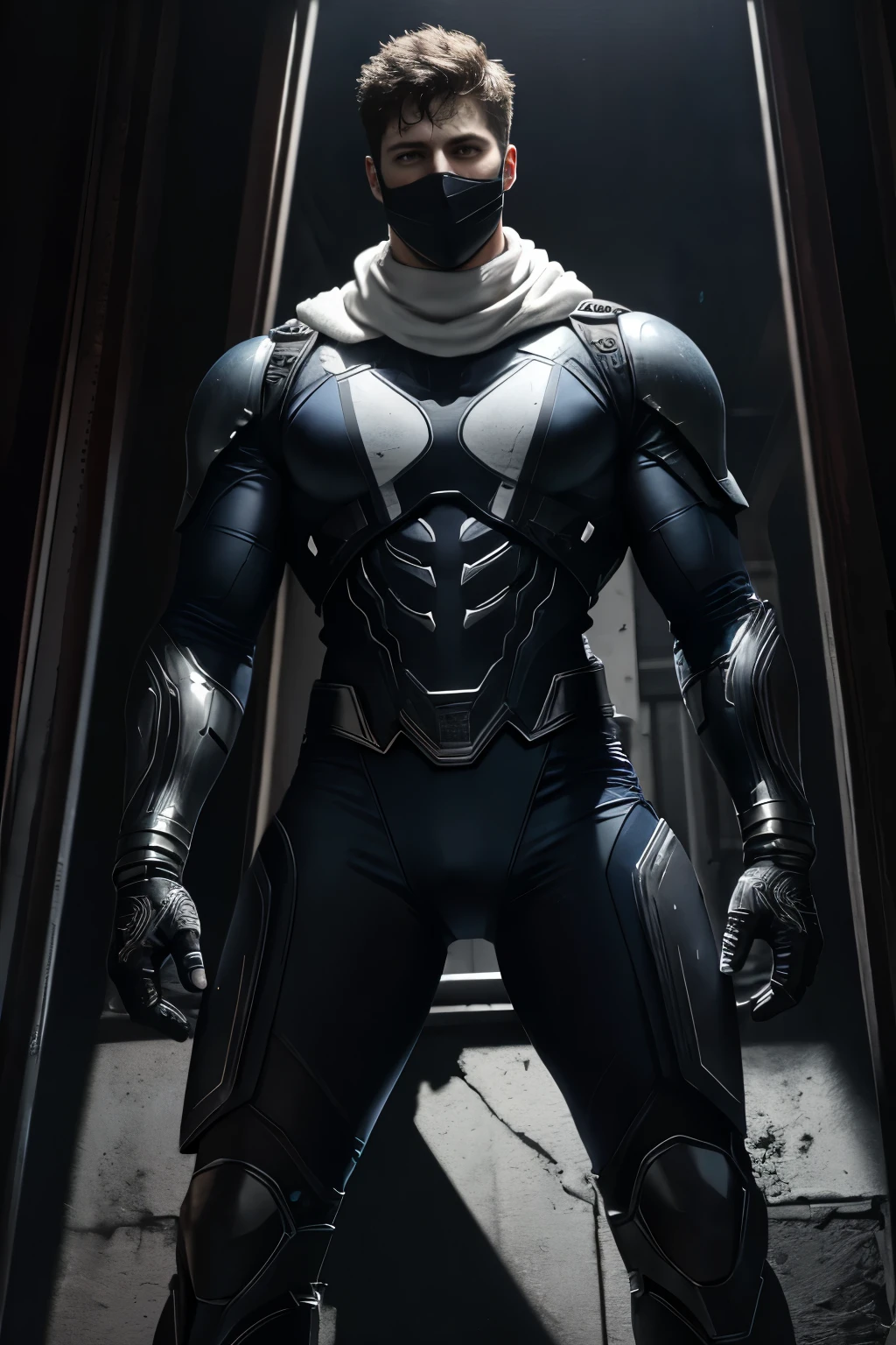 Dark_Fantasy, Superhero, Dean Winchester, Dressed as Superman, Masterpiece, hyperrealist & photorealist, Male, Holding weapon, Extremely detailed futuristic black combat suit, Body (Wearing white paint skull mask, Scarf), Unity 8k, Created in ZBrush, Full HD midnight aura, Developed by Unreal Engine 5, Ultra Sharp Focus, Vibrant and intricate, Epic in destructed battlefield.

Dean Winchester, clad in a masterful Superman costume with a dense beard and white paint skull mask concealing his face, stands in the midst of a devastated battle, intricate scene, artstation, intricate details, vignette, (A muscular man:vivid colors,realistic, ((masterpiece)), ((best quality)), (detailed), cinematic, dynamic lighting, soft shadow, detailed background, professional photography, depth of field, intricate, detailed face, subsurface scattering, realistic hair, realistic eyes, muscular, manly, photo of a handsome man, mech4rmor, wearing mechanical paladin armor, glowing, holding shield, dynamic pose, fighting stance,