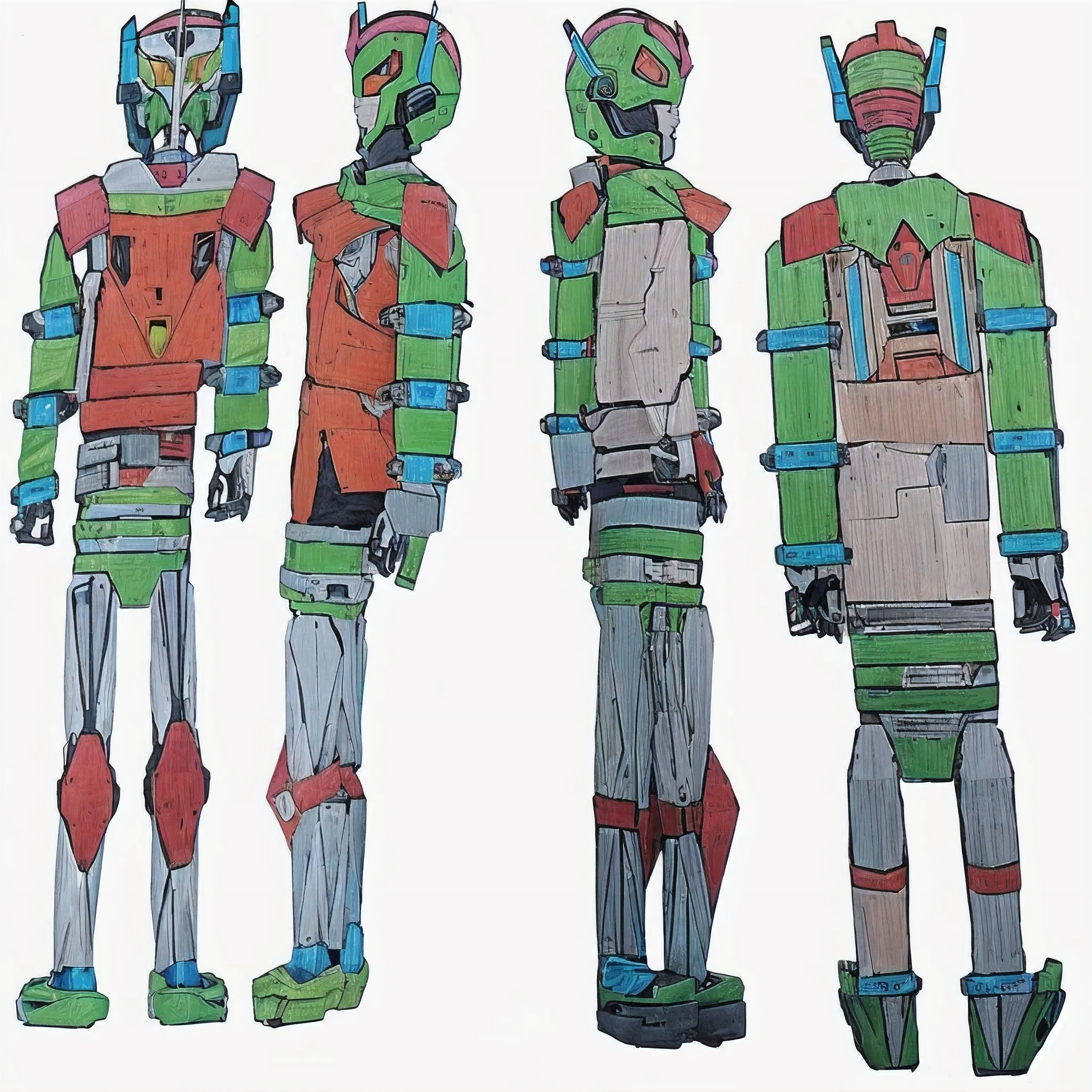 three paper dolls of different colors, de diferentes tamanhos e formas, arte conceitual colorida, robotic anime mixed with organic, desenho colorido, anime robots, inspirado em Eduardo Paolozzi, arte conceitual oficial, humanoid character design, design de personagens de corpo inteiro, arte de linha colorida, science fiction robots, conceito de corpo inteiro, novo design de conceito de fantasia, anime mechanical armor, robot project, giant robots