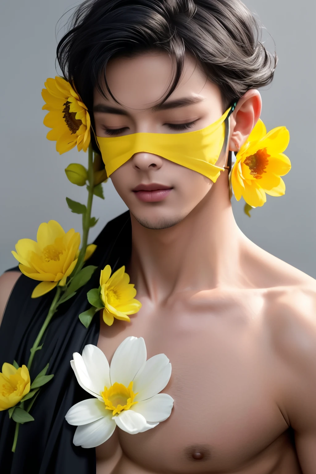 best quality,masterpiece,Ultra high detail,A handsome muscular man,Short black hair,topless,(Flowers on the shoulder),(With flowers in his black micro thong, flowers covered around his head, eyes are closed, covered, eyes are blindfolded with black cloth, realistic,Grey background, flowers on his head,Yellow, violet and white flowers,