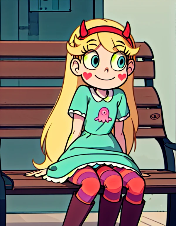 starbutterfly, 1girl, blonde hair, horned headwear, hairband, long hair, solo, heart, blue eyes, facial mark, very long hair,teal dress,striped pantyhose,boots,   , blush stickers,looking at viewer, smile, sitting on a bench , upskirt close view, upskirt close focus, skirt lift up, cameltoe, panties lines on pantyhose, close pantyshot, under skirt close view, spread legs, evil smile, front view, shy