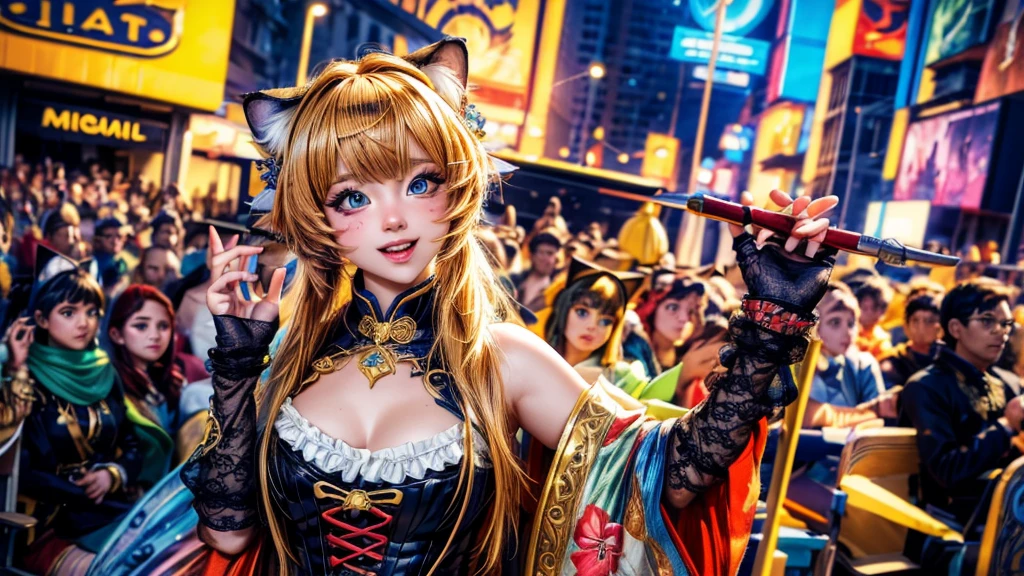 (ultra-detailed),(realistic:1.37),(cute,adorable),(colorful),(best quality,highres,masterpiece:1.2),
cosplayer with beautiful detailed costume, cat ears, excited audience