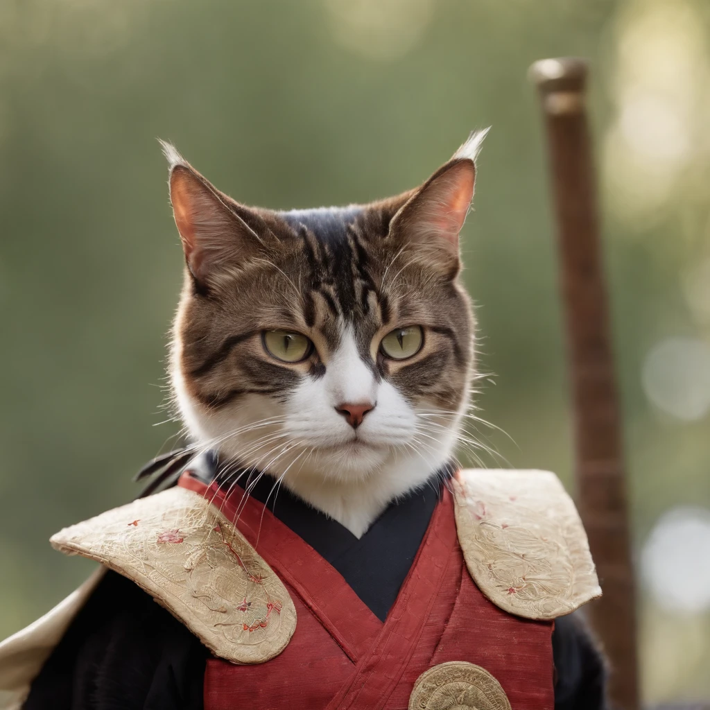 A cat dresses as a samurai