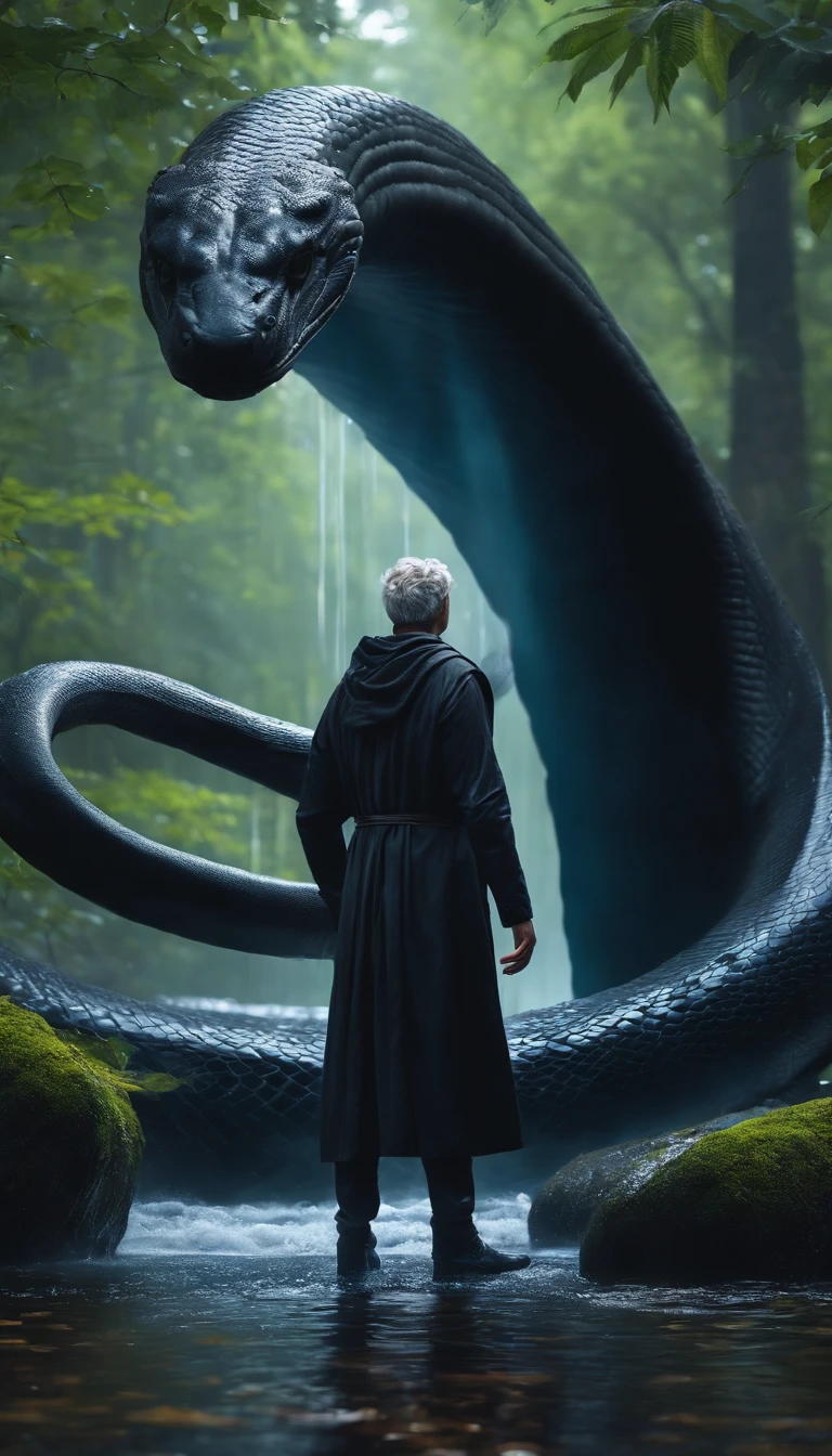 8k, a male young wizard with black cloth from behind with grey short hair pouring massive wave of water from his hand to kill a giant black snake in rainy forest