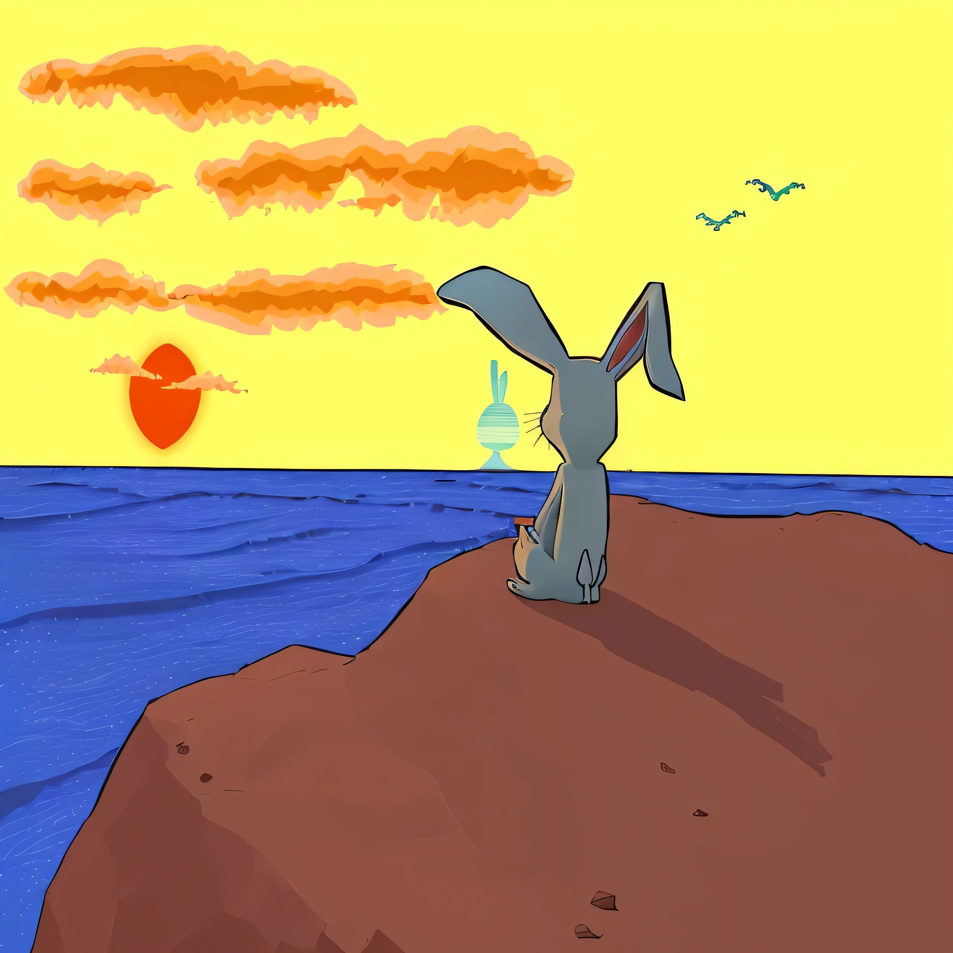 cartoon of a Rabbit sitting on a rock in front of the ocean, from sam and max, a rabbit full of hope, at the beach on a sunset, inspired by Yves Tanguy, drawn in microsoft paint, cartoonish and simplistic, with a sunset, anthropomorphic rabbit, watching the sunset, desolate. digital illustration, cartoon moody scene