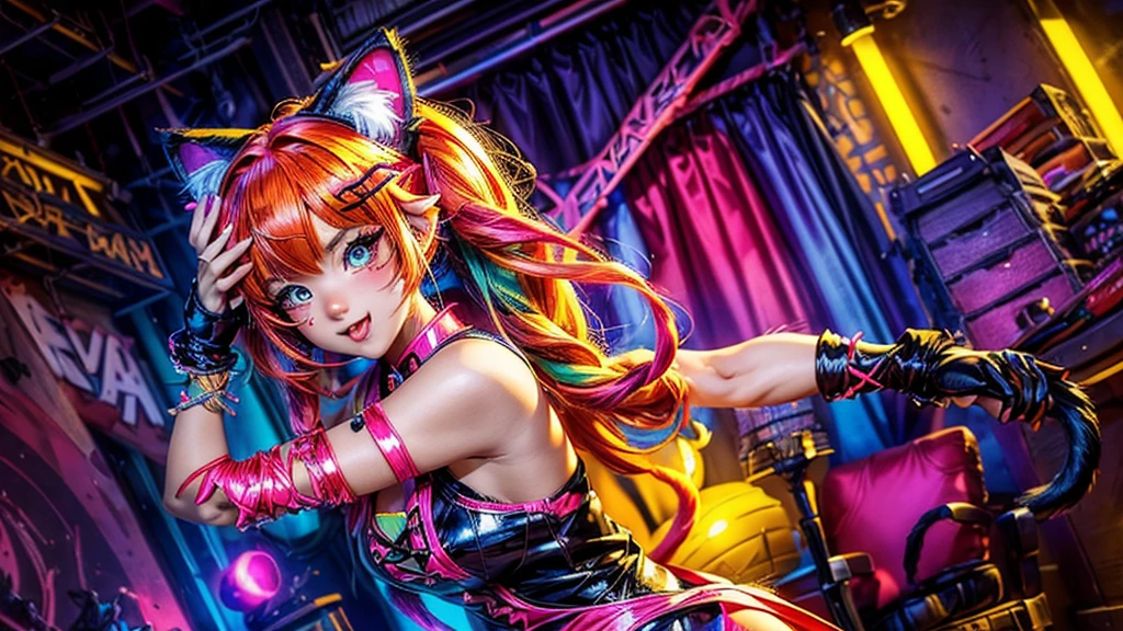 (a girl with cat ears cosplay, excited audience),(best quality, photorealistic),(bright and vibrant colors),(studio lighting),(amazing detailed cat ears),(colorful and elaborate costumes),(energetic and lively atmosphere),(captivated expressions),(dynamic poses),(anime style)