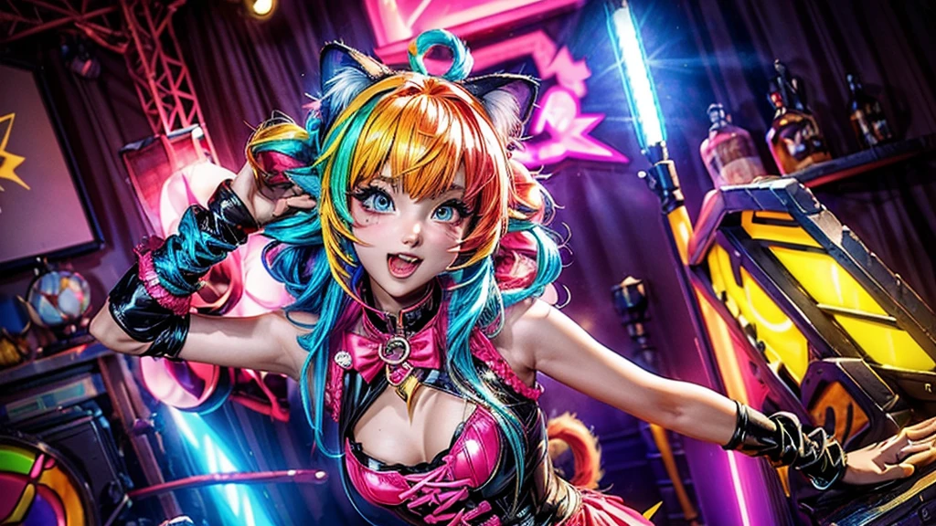 (a girl with cat ears cosplay, excited audience),(best quality, photorealistic),(bright and vibrant colors),(studio lighting),(amazing detailed cat ears),(colorful and elaborate costumes),(energetic and lively atmosphere),(captivated expressions),(dynamic poses),(anime style)