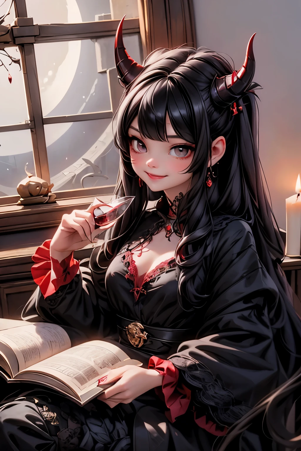 a cute vampiress with red horns smiling, hair accesories, hair ornaments, black hair, lace cloth crop shirt, red skirt, holding a glass of red wine, reading an ancient book, castle indoors, candle lights illuminating around, night scene, moon outside a window, seductive look, sfw