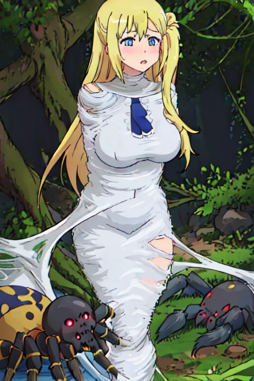 masterpiece, best quality, 1girl, solo, looking at viewer, enome, length hair, floating hair, blonde hair, large breasts , breasts out, (arms behind back:1.4), hanging,spiders in the web,long spider, desperate,struggle, entangled, embarassed face, despair,cocoon, blushing face, lie down, lying down on the ground