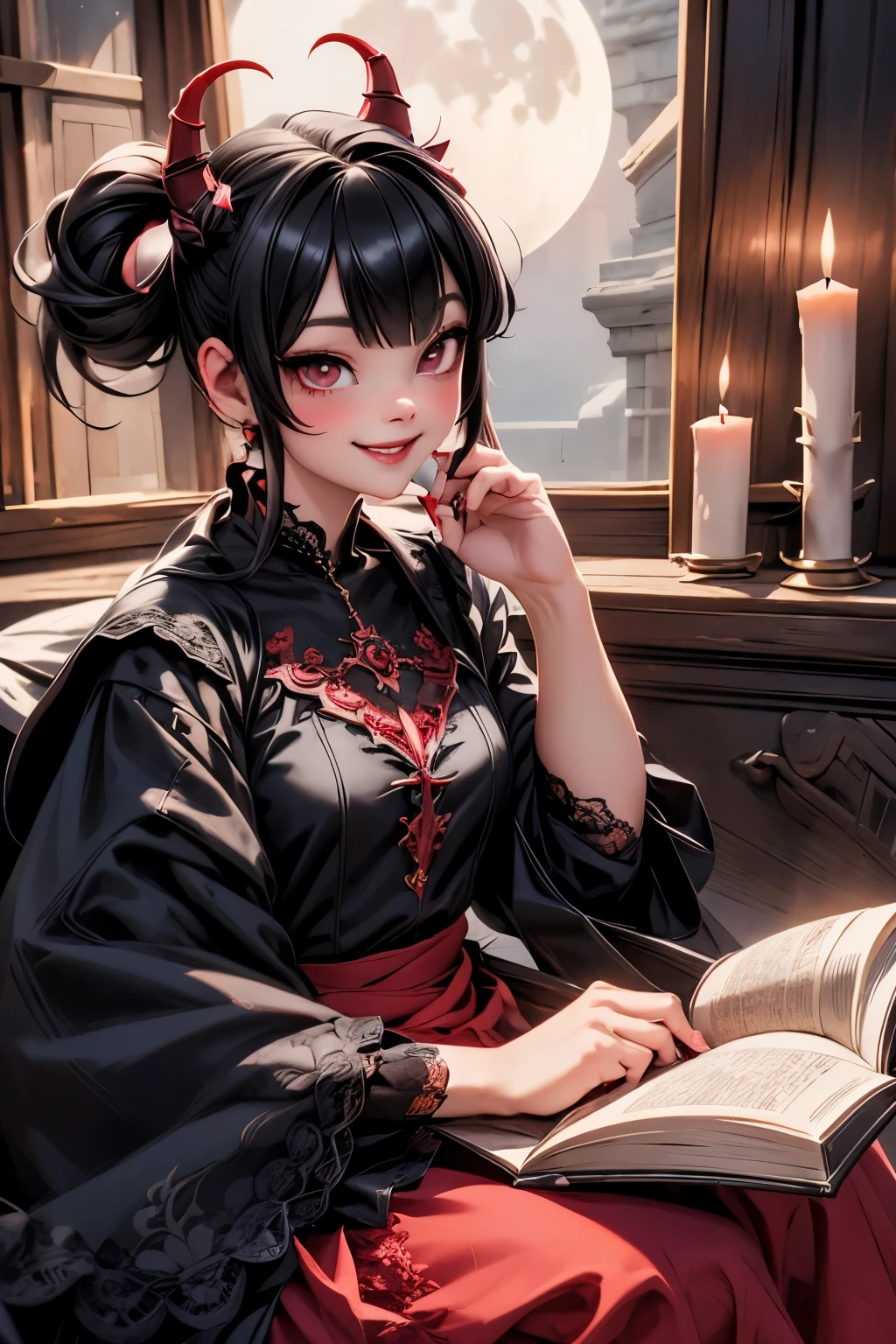 a cute vampiress with red horns smiling, hair accesories, hair ornaments, black hair, lace cloth crop shirt, red skirt, holding a glass of red wine, reading an ancient book, castle indoors, candle lights illuminating around, night scene, moon outside a window, seductive look, sfw