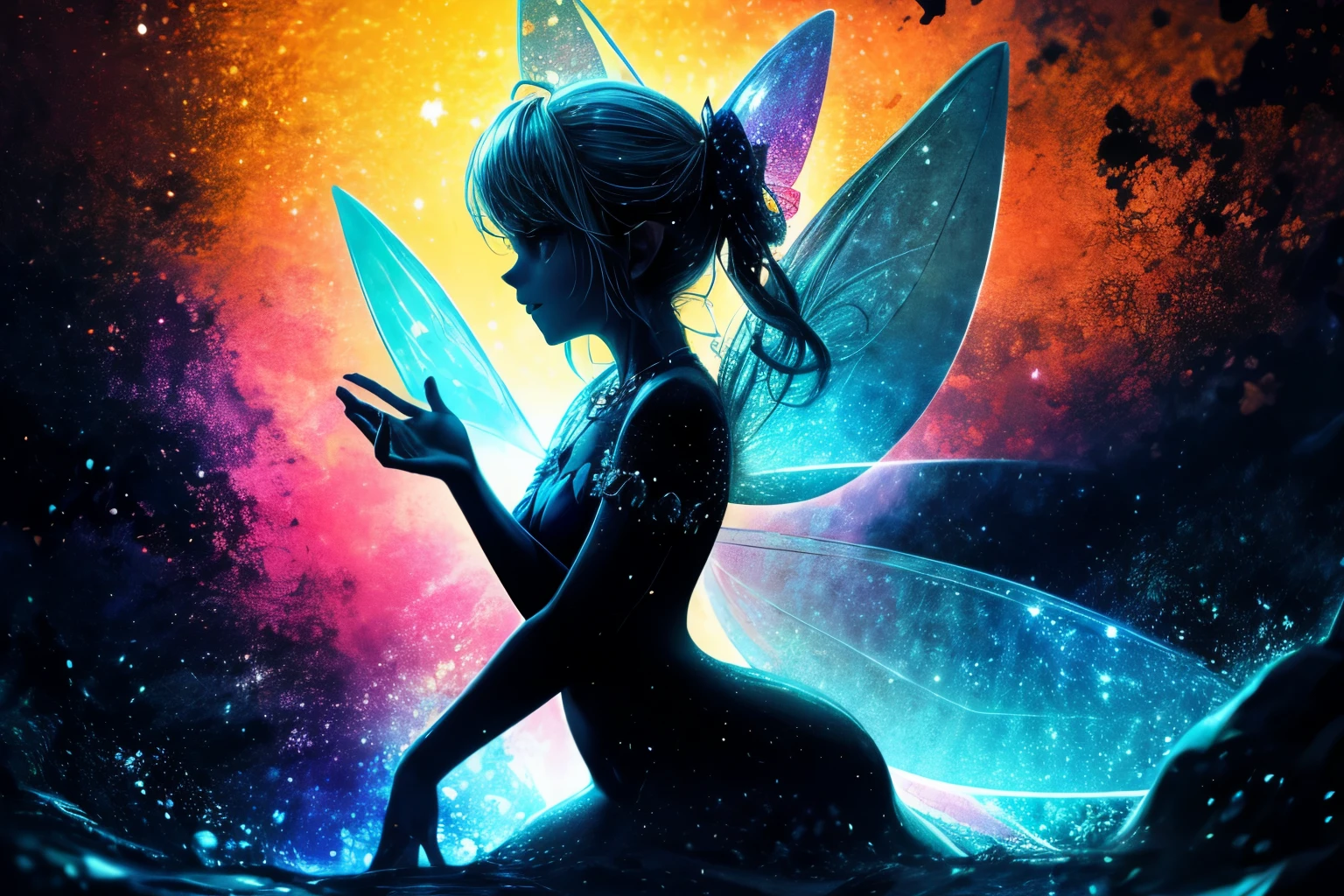 ((Silhouette art)), aquamarine jewel-like water, fantastic atmosphere, rainbow bubble effect, ((fairy shadow silhouette: 1.3)), perfect hand: 1.2, masterpiece, 32k,
