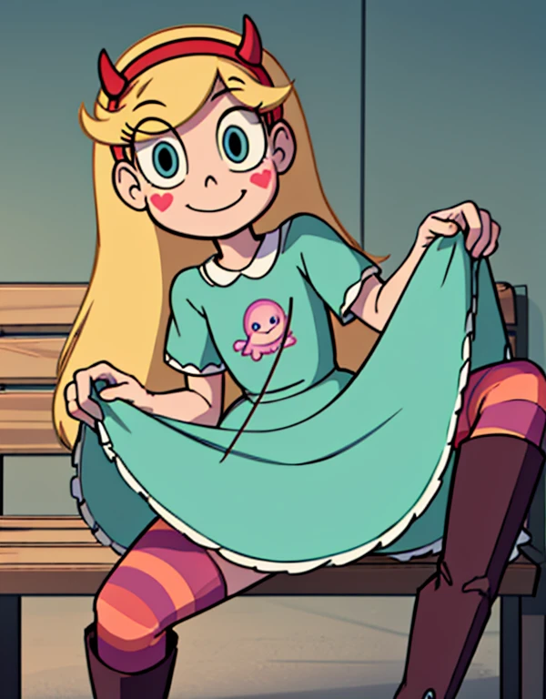 starbutterfly, 1girl, blonde hair, horned headwear, hairband, long hair, solo, heart, blue eyes, facial mark, very long hair,teal dress,striped stockings,boots,   , blush stickers,looking at viewer, smile, sitting on a bench , upskirt close view, upskirt close focus, skirt lift up, cameltoe, red panties, close pantyshot, under skirt close view, spread legs, evil smile, front view, shy, panties close focus,