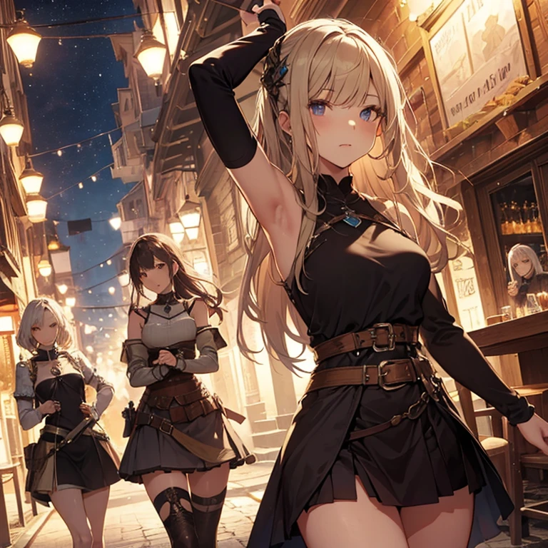 A group of female medieval fantasy adventurers, (in tavern), various hair styles, harem, night, details face, short skirt, seducing, sleeveless, armor, armpits