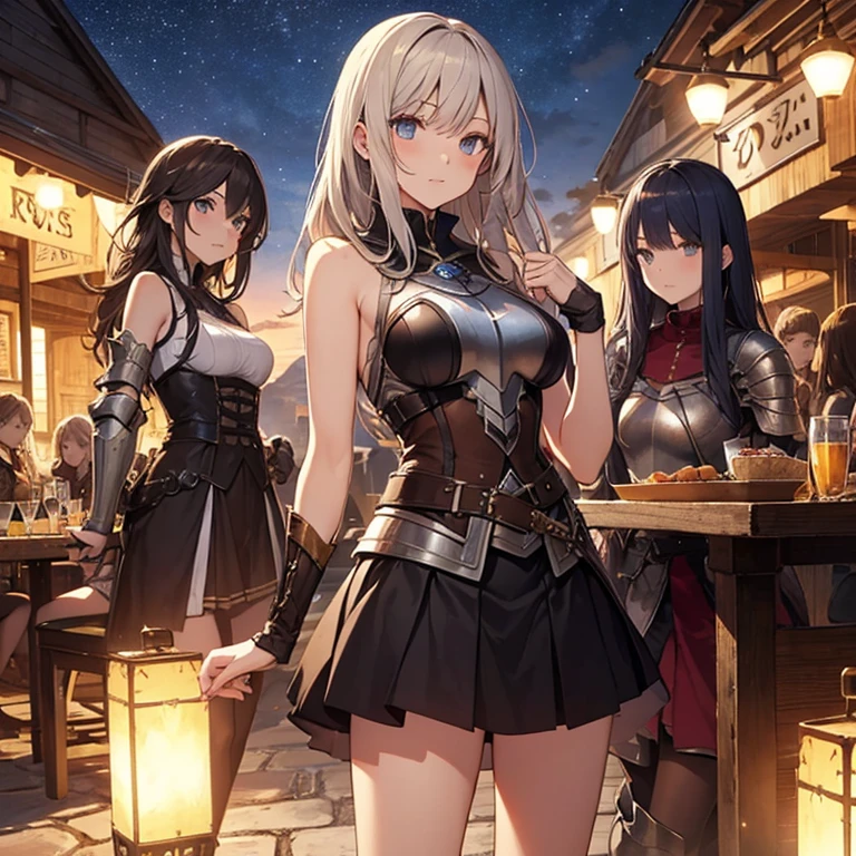 A group of female medieval fantasy adventurers, (in tavern), various hair styles, harem, night, details face, short skirt, seducing, sleeveless, armor