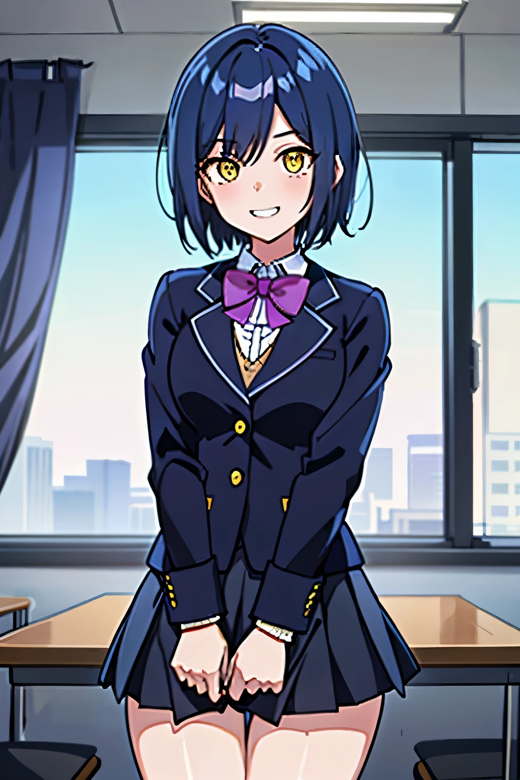 best quality, masterpiece, grin, shizurin, 1girl, shizuka rin, solo ,yellow eyes, pleated skirt, short hair, blazer, blue hair, purple pantyhose, long sleeves, mole under eye, bangs, purple bowtie, collared shirt, black skirt, sweater, blue jacket, miniskirt, (skirt tug:1.2), in classroom at evening