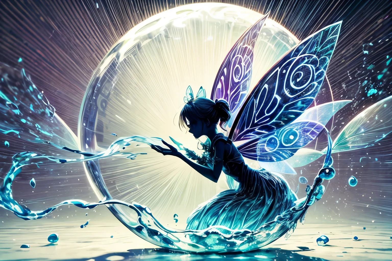 ((Silhouette art)), aquamarine jewel-like water, fantastic atmosphere, rainbow bubble effect, ((fairy shadow silhouette: 1.3)), perfect hand: 1.2, masterpiece, 32k,