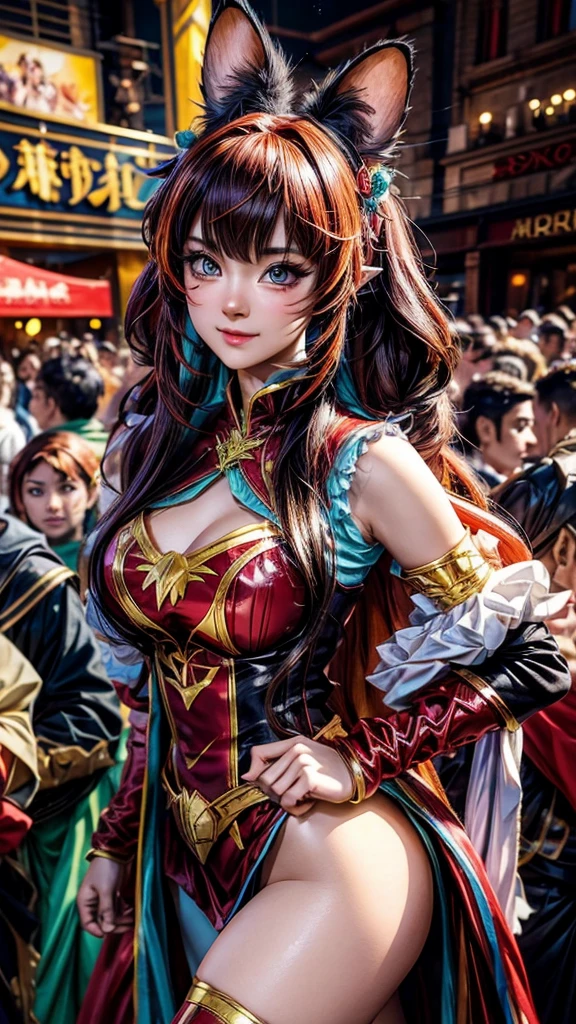 A cat-eared cosplayer, audience, Comiket,insert romantic and elegant styles, vibrancy and vivid colors, brightly lit scenes,high-res and professionally detailed,with costumes and accessories perfectly depicted,noisy and crowded environment,some attendees wearing elaborate costumes,emotionally-engaged cosplayers, capturing the excitement and enthusiasm of the event,levitating magical elements in the background, while maintaining a realistic and photorealistic style,sharp focus on the intricate facial expression and eyes of the cosplayer,warm color tones evoking a feeling of joy and celebration.