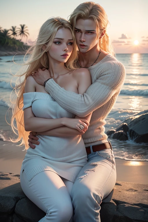 A beautiful tropical beach, an incredibly beautiful sunset. A tall, statuesque, handsome, masculine athletic adult man is platinum blond, he has tanned skin, blue eyes, perfect facial features, a smooth-shaven face, he has long straight white hair. He is dressed in a white shirt and light jeans, sitting on the shore and hugging an incredibly beautiful graceful delicate young woman sitting next to him-a golden-haired blonde with blue eyes, long golden hair tied with a red ribbon, she is dressed in a light white dress and wrapped in a warm knitted sweater, clinging to him. They are in love with each other. They are happy. Masterpiece, perfect image, realistic pictures, detailed face study, full-length image, 8k, detailed image. an extremely detailed illustration, a real masterpiece of the highest quality, with careful drawing.