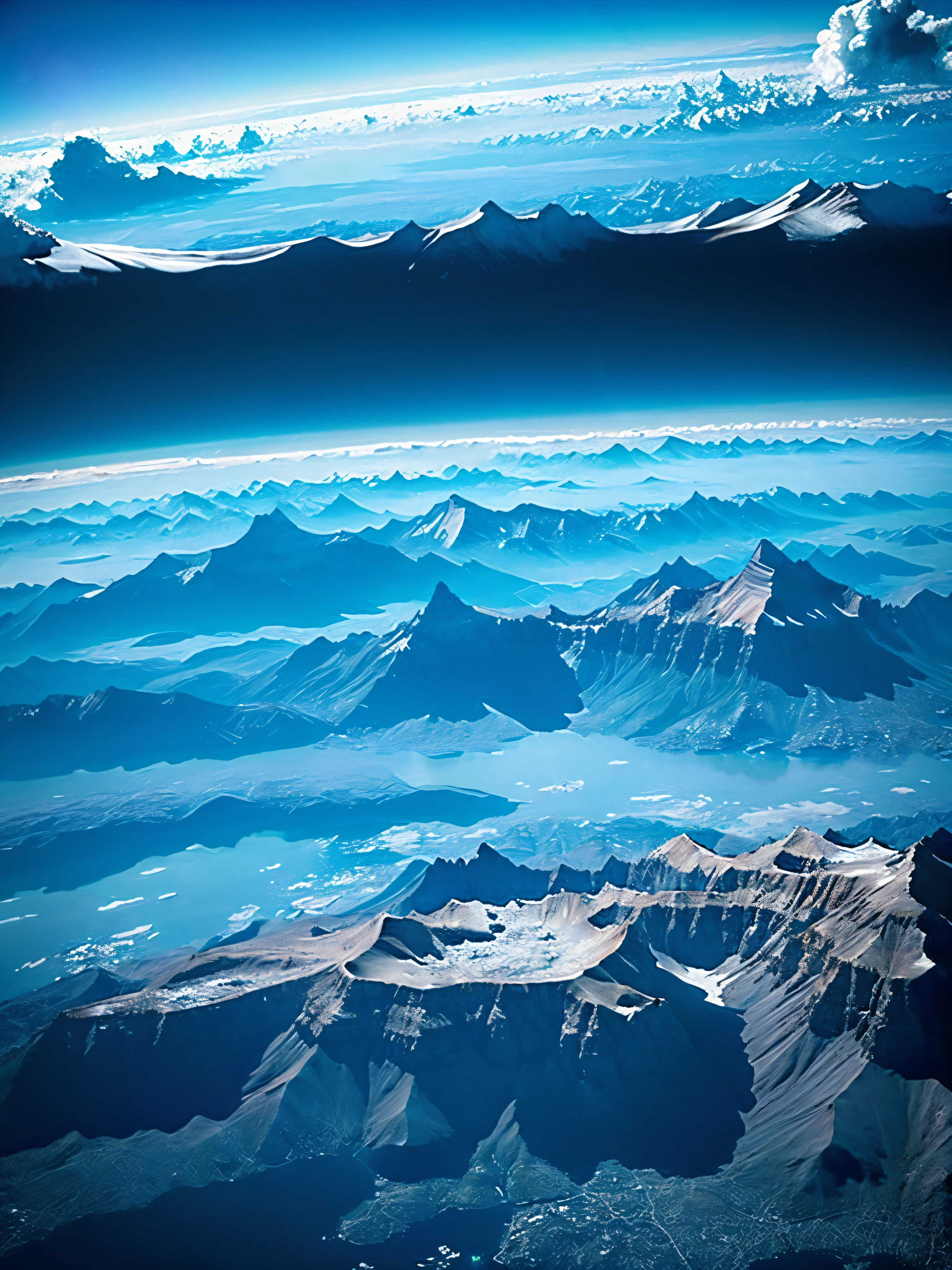 thrown into space、Aterrissando em um planeta azul e branco brilhante、Fantastic world、Existem montanhas e lagos, but everyone looks pale.、The sky is dark blue and you can see many stars.、Alguns cremes estrela