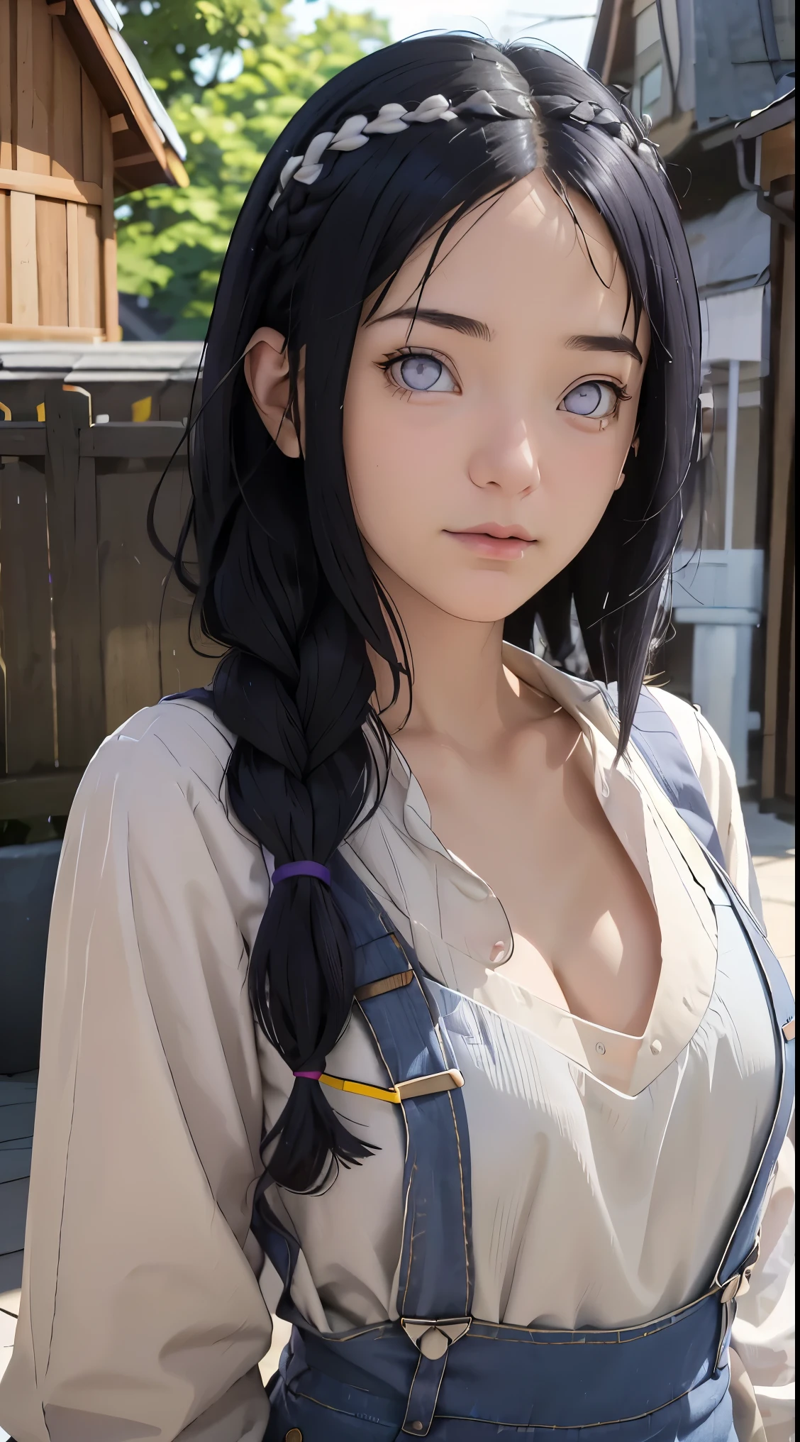 tmasterpiece, best qualityer, ultra - detailed, illustration,1girll,
long whitr hair,dark-blue hair,french braid,Purple eye,bluntbangs,cleavage,Large breasts
shirt,(jeans overalls:1.1),
mideum breasts,
looking at viewert,hyouka/(Boruto/),Detailed lips
