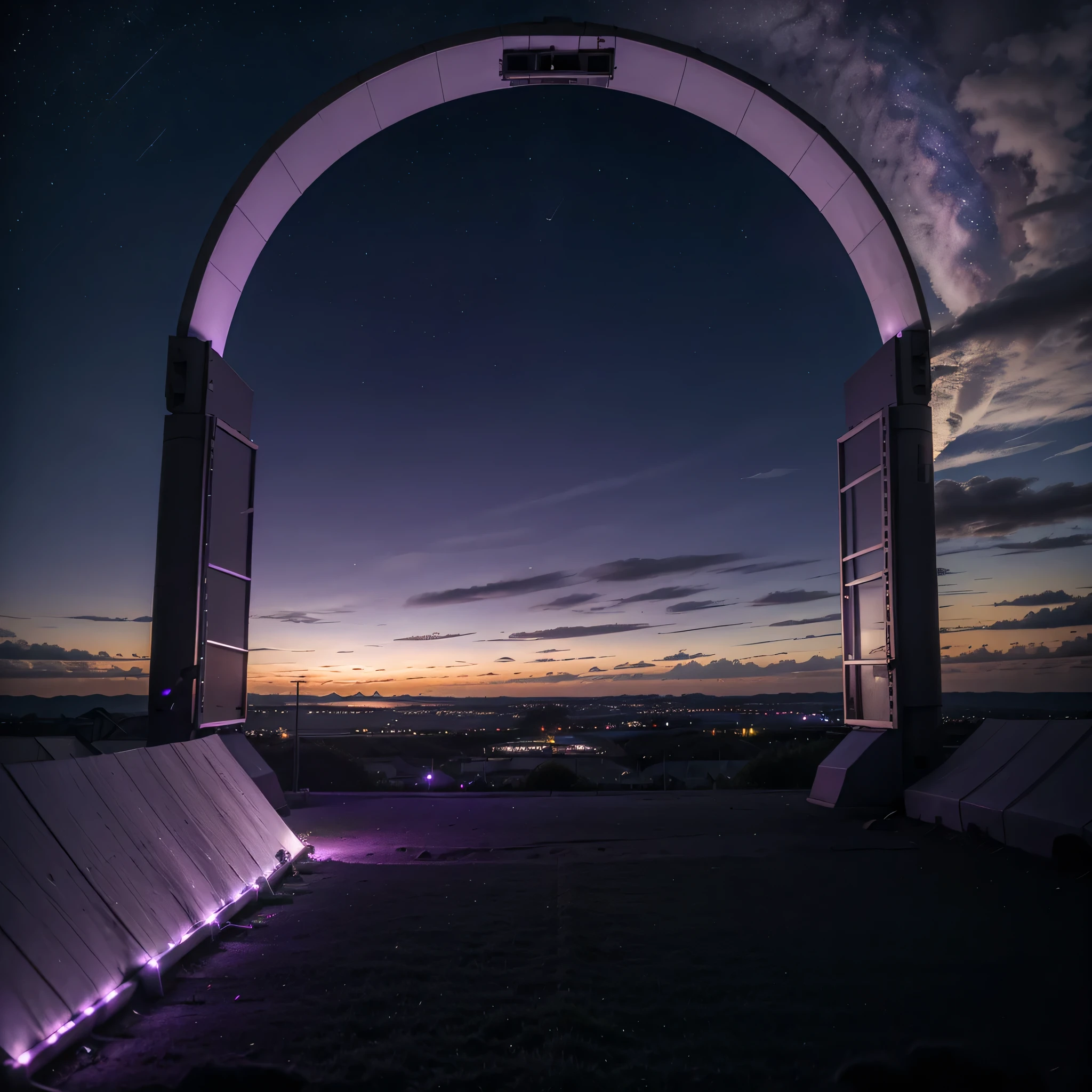a white sky with some purple lights and a purple portal far on the horizon