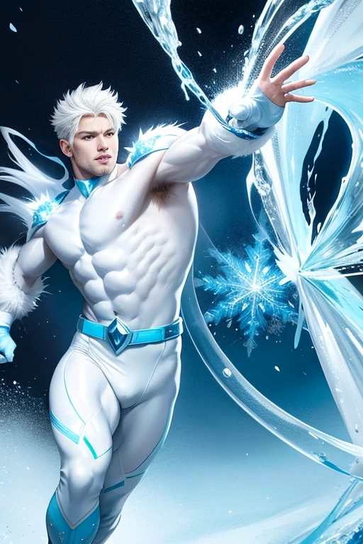 “A muscular man, shirtless, in a Kirbywood style, with vintage color comics, showcasing sharp focus, hi-res details, and intricate features, creating a masterpiece at 8k quality.” Arctic Frost Ranger: A suit featuring icy blue and frosty white hues, accented with snowflake patterns and frost crystals. This Ranger commands the power of ice and cold, with abilities such as creating blizzards, forming ice constructs for defense, and freezing enemies in their tracks. Frostbite Ranger: A suit with icy blue and white colors, like snow and ice. This Ranger can freeze enemies with ice blasts, create protective ice shields, and summon blizzards to slow down foes.