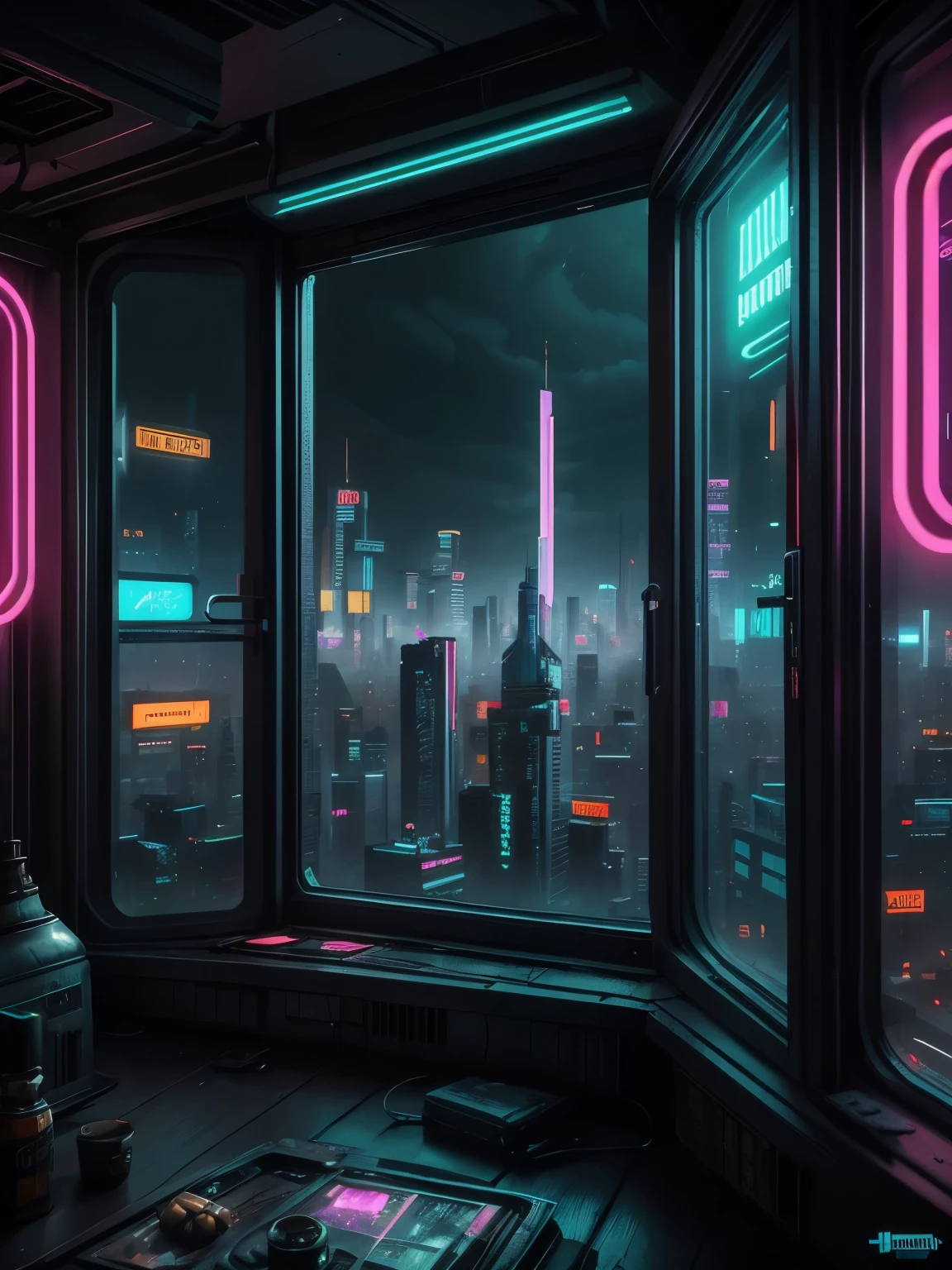 Generate a cozy and peaceful interior with a large window directly across from the camera. Through the window is a massive (((cyberpunk cityscape))) with (neon lights), highly detailed buildings, and colorful accents. The window and cityscape are important and should be focal points of the image. The room offers a sanctuary from the busy details of everyday life. This image should contrast quiet interiors with vibrant, busy, dynamic exteriors. Take inspiration from Kamen Nikolov's cyberpunk work on Artstation. Utilize trending art styles and dynamic lighting to create a ((masterpiece)).