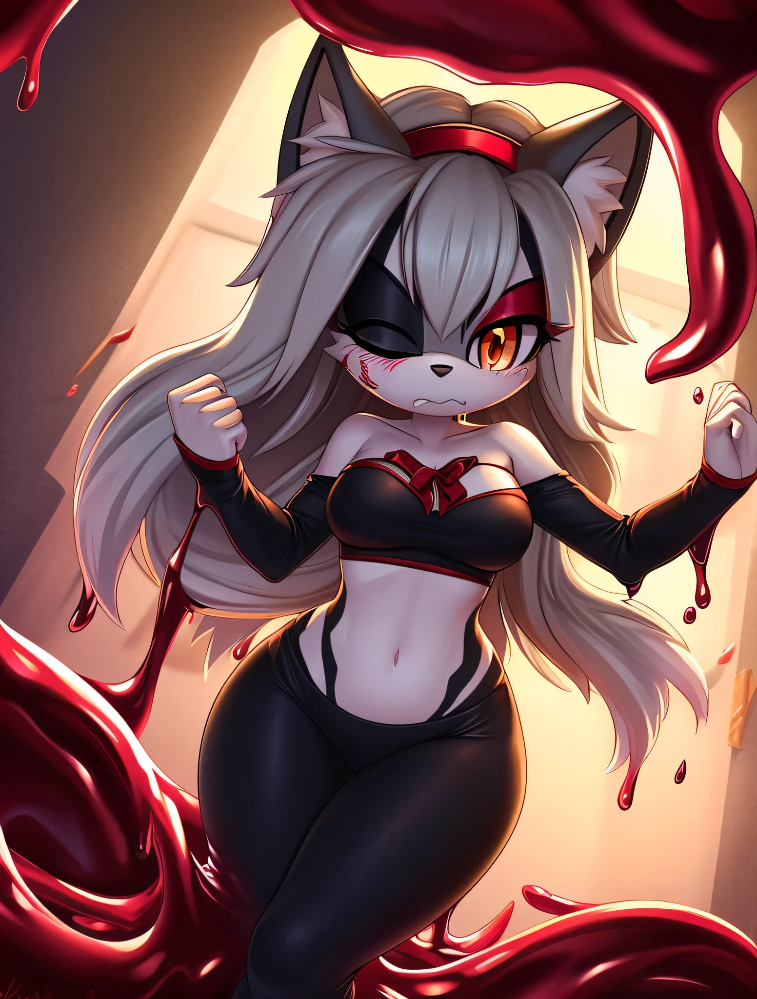 masterpiece, best quality, ultra-detailed, cinematic lighting, beautiful lighting, detailed background, detailed iris, detailed eyes, shading, intricate details, ((sharp, dynamic pose, expressive eyes)), ((4k)), ((2d)), ((2d art)), digital art, solo, 1girl, ((above shoulder)), animal ear fluff, navel, hairband, (crop top), long hair, animal ears, breasts, furry, clothing cutout, ((red cropped tube top)), fox girl, whitish light grey hair, bangs, cowboy shot, animal nose, fox ears, furry female, dim lights, looking down at herself, (((whitish light grey fur))), ((black long sleeves)), ribbon, red hairband, clenched hands, tail, hair ribbon, fang, red ribbon, medium breasts, fox tail, very long hair, orange eyes, heart, body fur, sidelocks, fuzzy white muzzle, fur trim, (red markings on face), ((red makeup)), eyeshadow, ((confused expression)), :/, ((clothing being slightly torn by crimson red goo)), trying to fight off the crimson red goo, (one eye closed), ((crimson red venom Symbiote-like slime)), crimson red Symbiote goo climbing up body, (crimson red symbiote-like goo attempting to cover body), struggling in a crimson red slime-like web