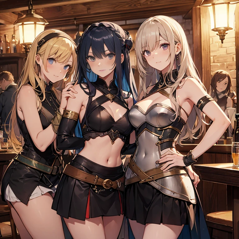 A group of  female medieval fantasy adventurers, (in tavern), various hair styles, harem, night, details face, short skirt, seducing, sleeveless, armor, armpits 