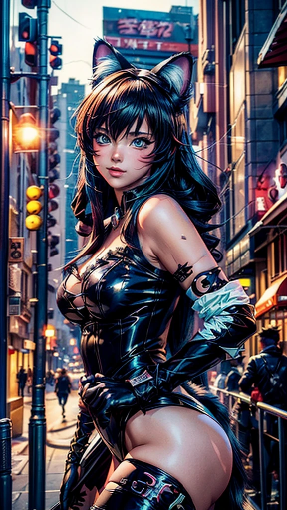 (a cosplayer with cat ears, audience, city street), (best quality, realistic), (anime, portraits), (vibrant colors, urban setting), (soft lighting, bustling scene)