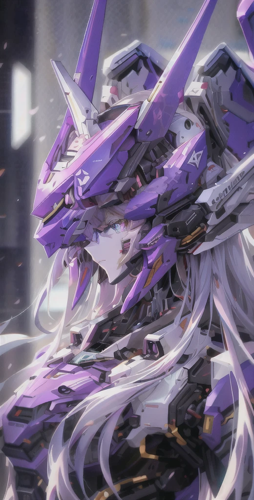 Close-up of a purple and white robot with long hair, cyberpunk Anime Girls mech, robot mech woman dragon head, アニメMecha aesthetics, Best Anime 4K Konachan Wallpaper, Anime Manga Robot!! Anime Girls, Female Mecha, Anime Style 4k, Detailed digital anime art, Mecha aesthetics, Cool mecha style, Detailed anime art