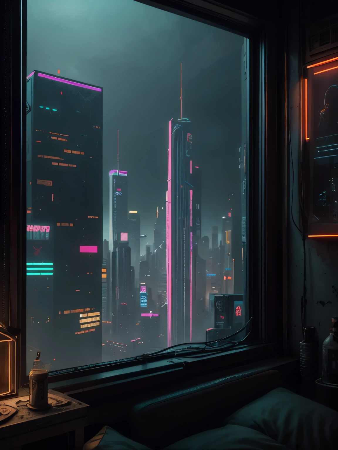 Generate a cozy and peaceful interior with a large window directly across from the camera. Through the window is a massive (((cyberpunk cityscape))) with (neon lights), highly detailed buildings, and colorful accents. The window and cityscape are important and should be focal points of the image. The room offers a sanctuary from the busy details of everyday life. This image should contrast quiet interiors with vibrant, busy, dynamic exteriors. Take inspiration from Kamen Nikolov's cyberpunk work on Artstation. Utilize trending art styles and dynamic lighting to create a ((masterpiece)). 