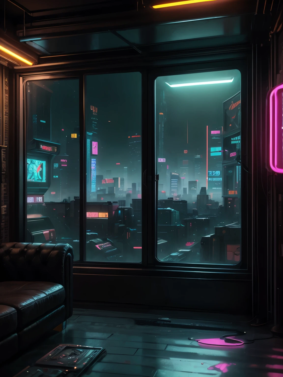 Generate a cozy and peaceful interior with a large window directly across from the camera. Through the window is a massive (((cyberpunk cityscape))) with (neon lights), highly detailed buildings, and colorful accents. The window and cityscape are important and should be focal points of the image. The room offers a sanctuary from the busy details of everyday life. This image should contrast quiet interiors with vibrant, busy, dynamic exteriors. Take inspiration from Kamen Nikolov's cyberpunk work on Artstation. Utilize trending art styles and dynamic lighting to create a ((masterpiece)).