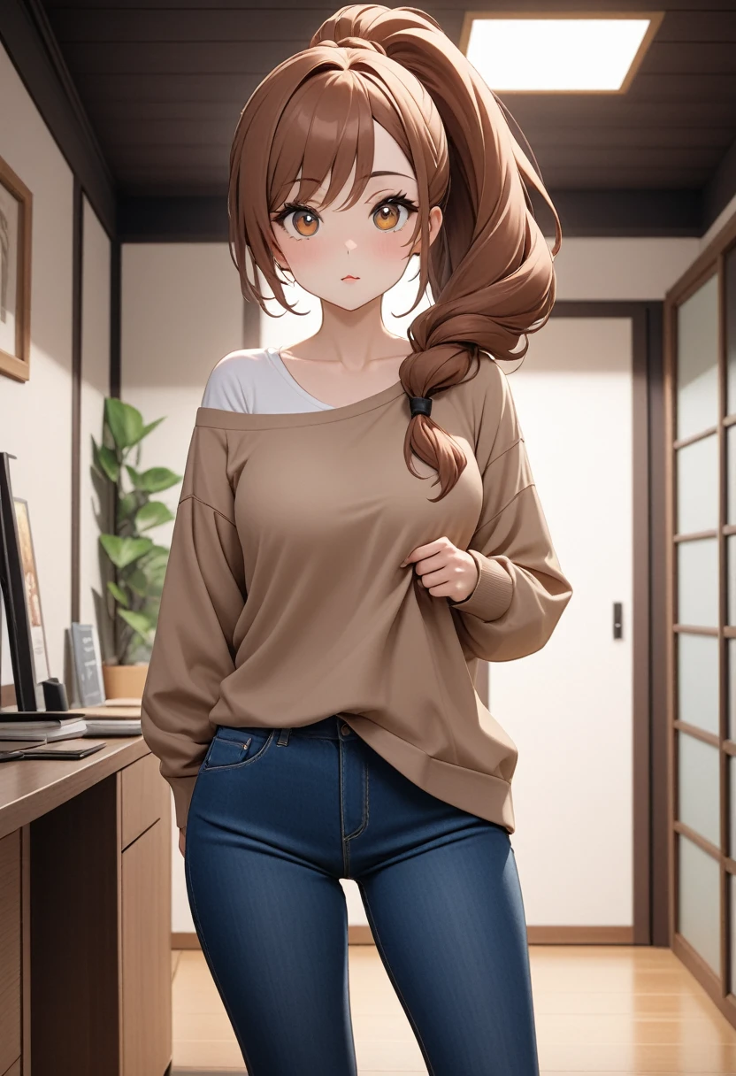 *Japanese prompts:**
Detailed image of a woman standing in a contemporary indoor setting。She is leaning slightly towards the viewer。This woman is full of confidence、It is attractively depicted、It emphasizes the voluptuous figure。She has shoulder-length, wavy, chestnut-colored hair tied in a loose ponytail.、There are some hairs hanging down around the face。Her eyes