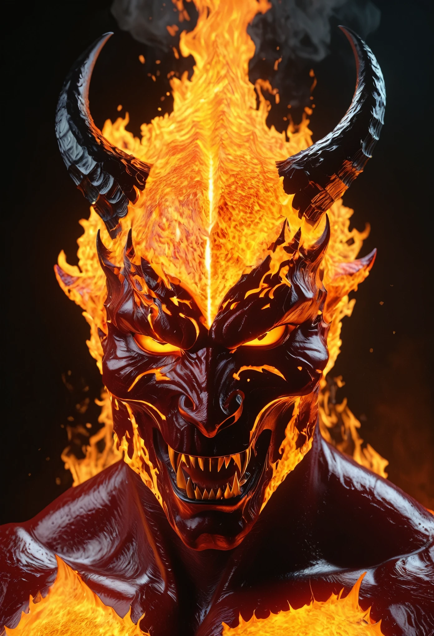 devil,\(conceptual design\),Half of the devil is made up of magma,Smooth transition,(luminescent),Low light,masterpiece,The finest details,8k,Clear focus,Ray Tracing,