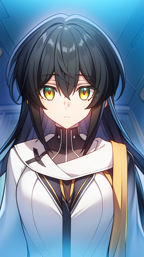 sela, black hair, long hair, yellow eyes, white pharmacist coat, small breast, futuristic, body close up, no face focus, visual novel cg style, BREAK looking at viewer, BREAK (masterpiece:1.2), best quality, high resolution, unity' 8k wallpaper, (illustration:0.8), (beautiful detailed eyes:1.6), extremely detailed face, perfect lighting, extremely detailed CG, (perfect hands, perfect anatomy)