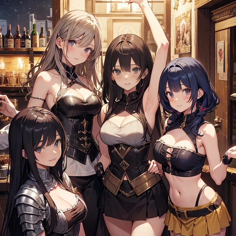 A group of female medieval fantasy adventurers, (in tavern), various hair styles, harem, night, details face, short skirt, seducing, sleeveless, armor, armpits