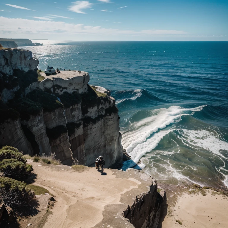 Create a black fpv drone pilot on the edge of a cliff next to the sea 