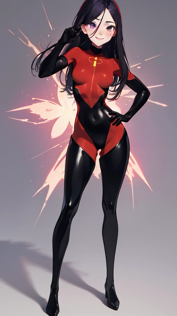 (whole body),masterpiece, highest quality, One Girl, Purple By, Long Hair, Black Hair,  Hair on one eye,  (Red Hero Suit)，Red bodysuit，Black elbow gloves，Black thigh-high boots，Thick thighs，Place one hand on hip，upright，View your audience, smile, Simple Background 