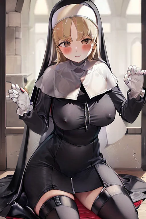 (best quality, masterpiece), Large Breasts,( A nun:1.5), Blonde hair,( Hair between the eyes:1.3), (Kneading breasts with your own hands:1.2),  sitting，(Black Nun dress:1.4)，Black mask，In the church，(pose for masking love:1.3),(Clothes with transparent nipples:1.2),(red nipples just exposed out of the cloth:1.5)