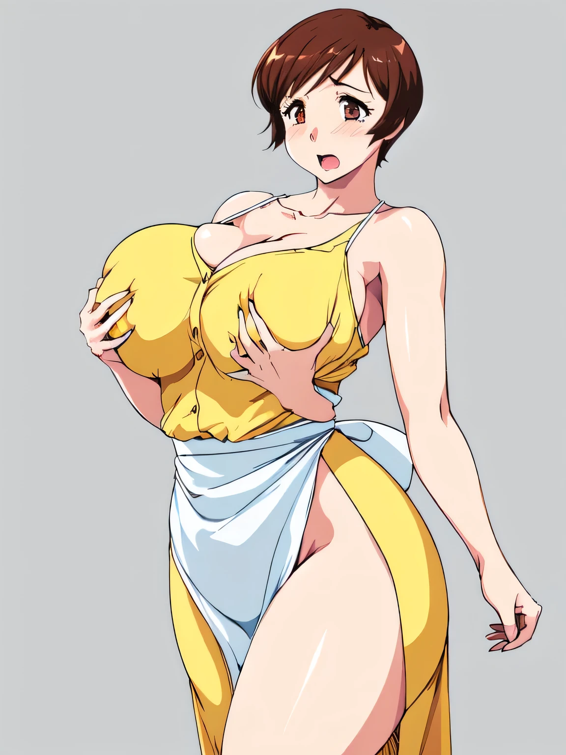 masterpiece, highest quality, High resolution, ((((1girl, solo)))), short hair, etsukoto, Big and ample breasts, cleavage, (Perfect beautiful yellow dress:1.4), ((White waist apron)), White panties, Screaming face with eyes closed, (((simple background))), Shiny oily skin, Huge long breasts, Naughty big、((Big breasts are important))、Naughty thighs、L Cup、alone,(thin:1.4),(Thin waist:1.4), Mature mother, huge breasts, ((((thick thighs, plamp thighs, voluptuous thighs, ample thighs)))), Calf, Seductive mature woman, Perfect body, Plus Size Model, etsukoto, blush, clavicle, retro artstyle, 1990s (style), ((deep nude)), (((nsfwal squeeze breasts, breasts slip))), ((grabbing own breast by myself, grabbing own breast by myself)), [[from side]], (((nsfw))),