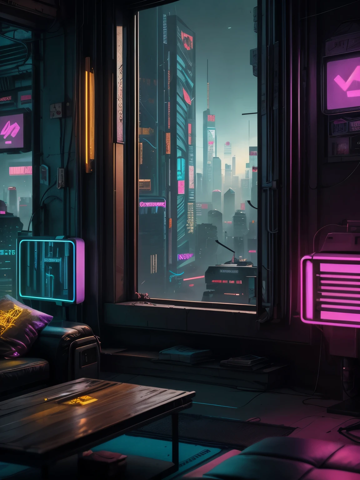 Generate a cozy and peaceful interior with a large window directly across from the camera. Through the window is a massive (((cyberpunk cityscape))) with (neon lights), highly detailed buildings, and colorful accents. The window and cityscape are important and should be focal points of the image. The room offers a sanctuary from the busy details of everyday life. This image should contrast quiet interiors with vibrant, busy, dynamic exteriors. Take inspiration from Kamen Nikolov's cyberpunk work on Artstation. Utilize trending art styles and dynamic lighting to create a ((masterpiece)).