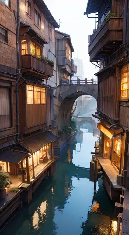 ((masterpiece)),((best quality)),((high detial)),((anime))
Industrial age city, deep canyons in the middle, architectural streets, bazaars, Bridges, rainy days, steampunk, European architecture