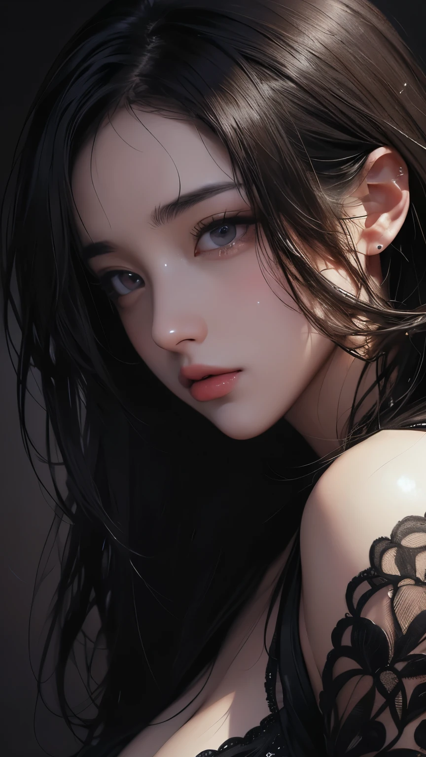 masterpiece, Best Quality, Illustration, Ultra-detailed, finely detail, hight resolution, 8K Wallpaper, Perfect dynamic composition, Beautiful detailed eyes , open mouse, Sexy face,Face feeling ecstasy,Face at the peak of sexual arousal, looking at viewer, ((Dark background)), in the style of Mark Demsteader,